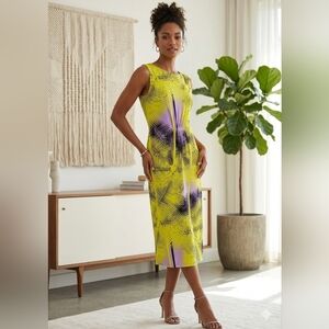 Gibson Latimer Yellow and Purple Patterned Midi Dress